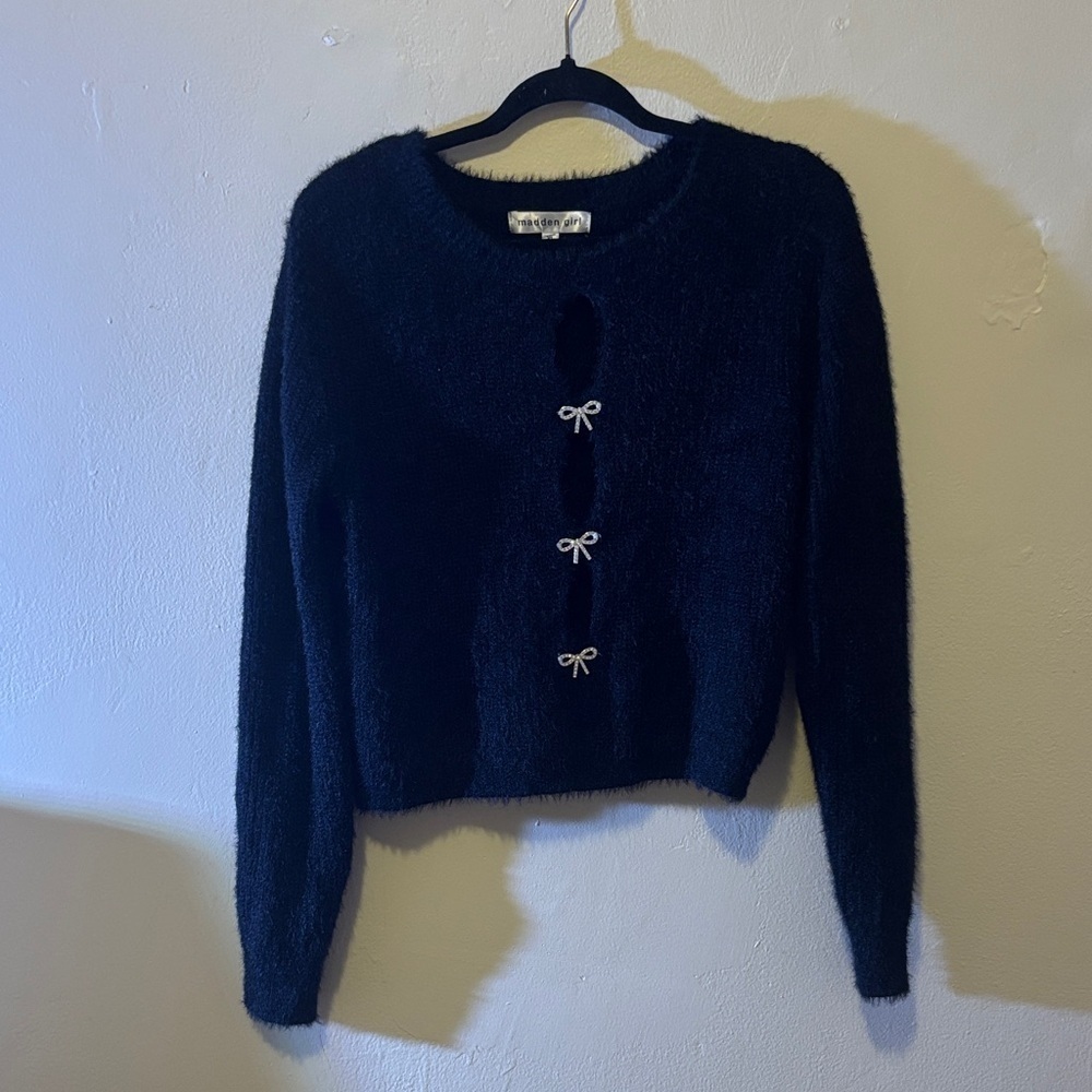 Madden Girl Navy Sweater with Bow Details